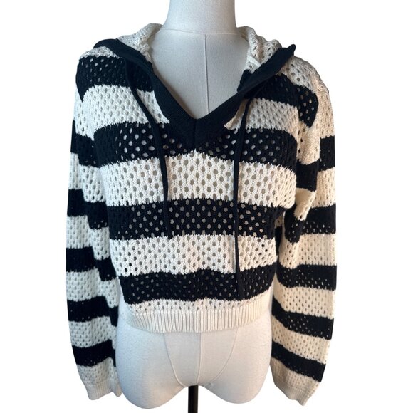 ZARA Medium Black & White Striped Hooded Sweater Cotton - Picture 5 of 12